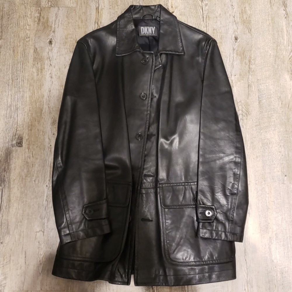 Mens Black Leather DKNY Coat
